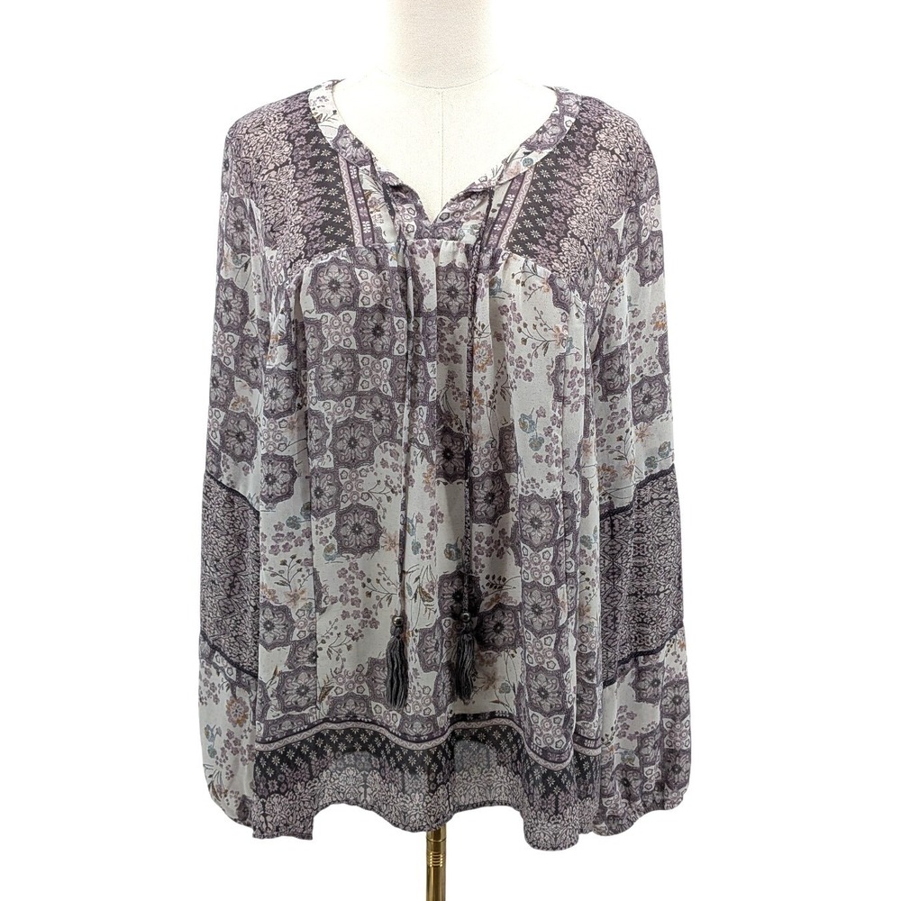 Boho Patchwork Floral Blouse Tassel Tie Flowy Peasant Top Knox Rose XXL